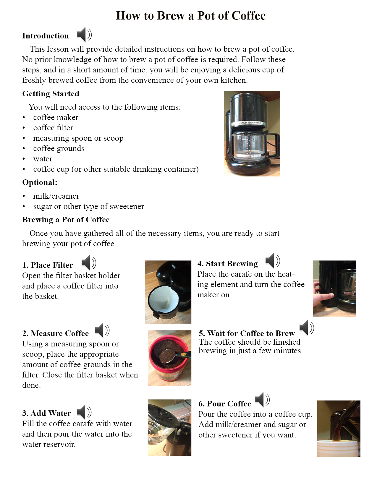 Instruction text visual and audio